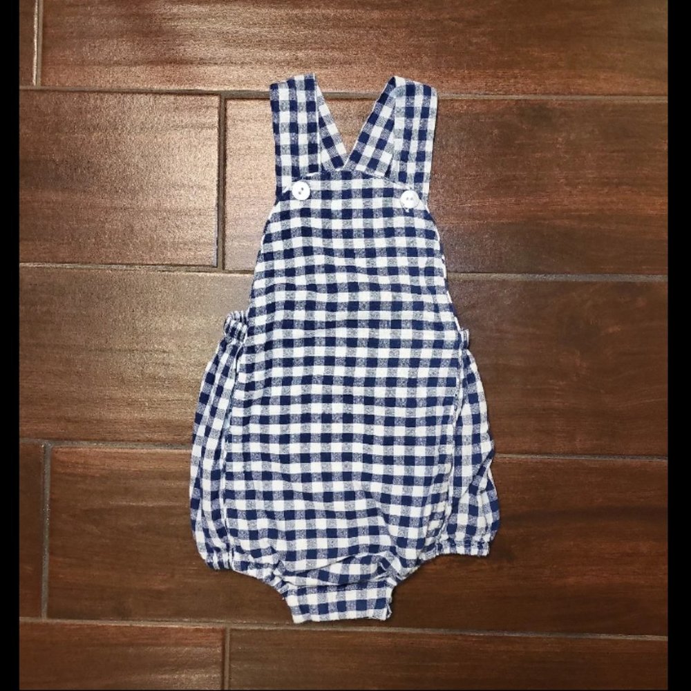 12 M Ella Gray Boutique Navy/white plaid gingham Overalls Bubble Sunsuit